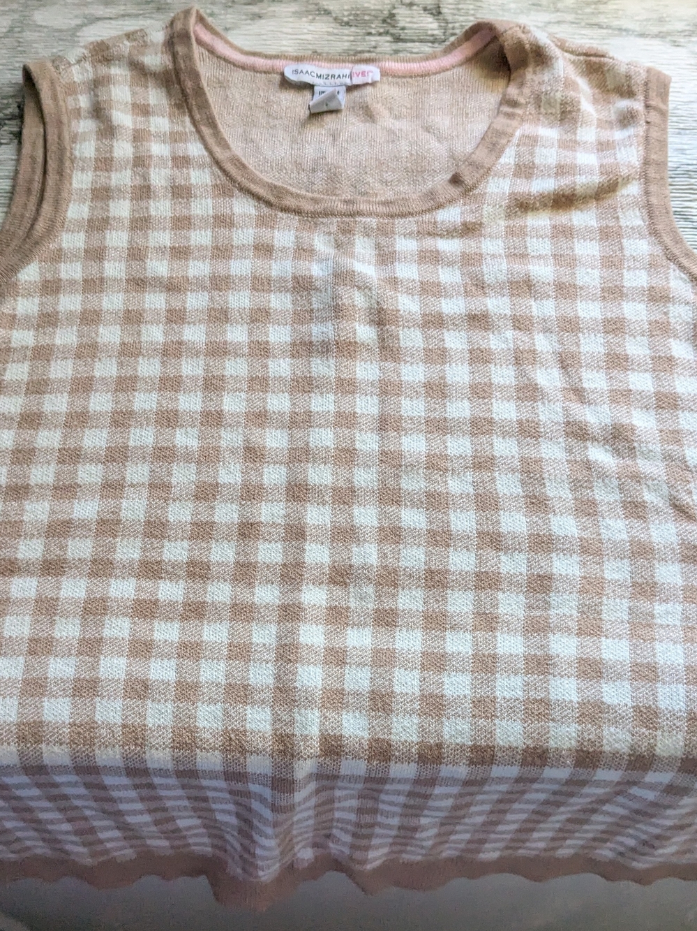 Isaac Mizrahi Beige & White Gingham Knit Tank Top